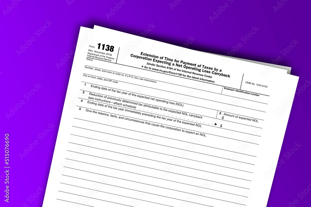 Form 1138 documentation published IRS USA 11.29.2018. American tax document on colored Form 1138 documentation published IRS USA 11.29.2018. American tax document on colored