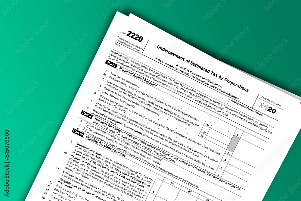 Form 2220 documentation published IRS USA 44198. American tax document on colored Form 2220 documentation published IRS USA 44198. American tax document on colored