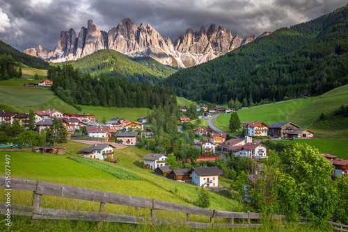 St. Magdalena village in Funes Valley, Dolomites, Northern Italy photo