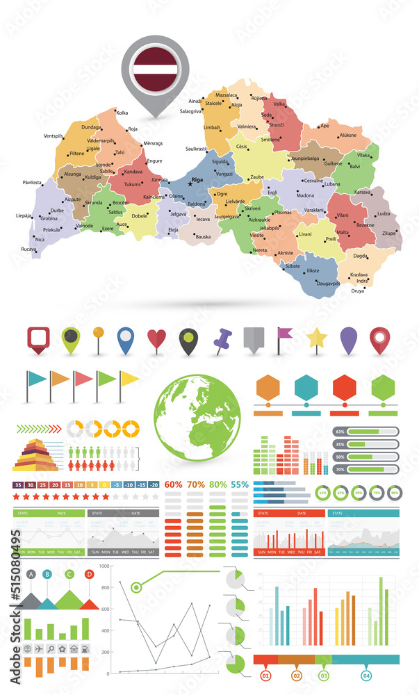 Latvia Map Infographic Template design. Colorful set Latvia Map Infographic Template design. Colorful set