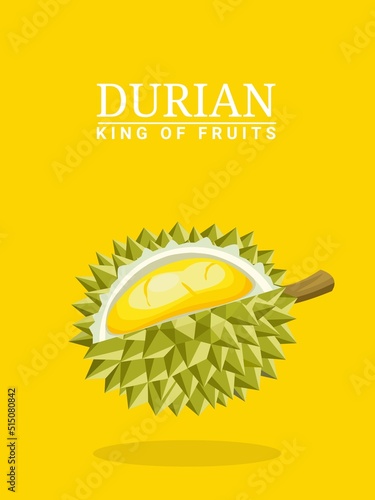 Vector illustration, floating durian fruit, isolated on yellow background, perfect for book covers, product labels or posters.