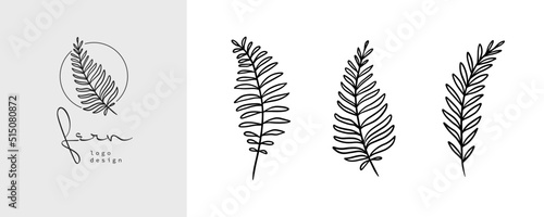 Organic fern illustration and badges logo template. Set of Minimalist stamp labels for tag with isolated fern leaves. Collection of hand drawn natural sign for simple rustic design.  photo