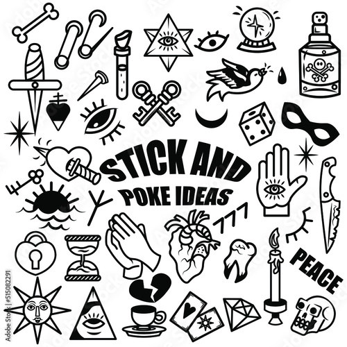 Flat vector illustration of stick and poke ideas. 