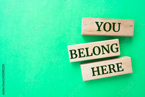 You belong here words on wooden blocks on green background.