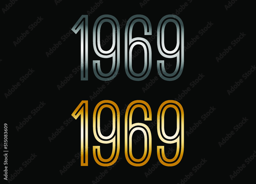 1969 year set. Year in silver metal and golden gold for anniversary date on black background. 1969 year set. Year in silver metal and golden gold for anniversary date on black background.