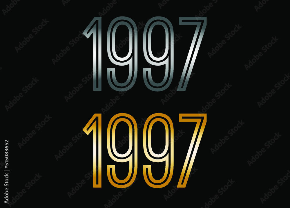 1997 year set. Year in silver metal and golden gold for anniversary date on black background.