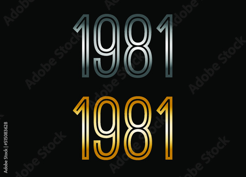 1981 year set. Year in silver metal and golden gold for anniversary date on black background.
