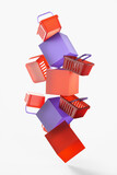 A pile of shopping baskets with purple boxes on a white background. 3d rendering illustration