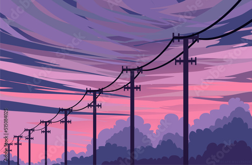 Japanese view panorama vector sunset flat design anime style