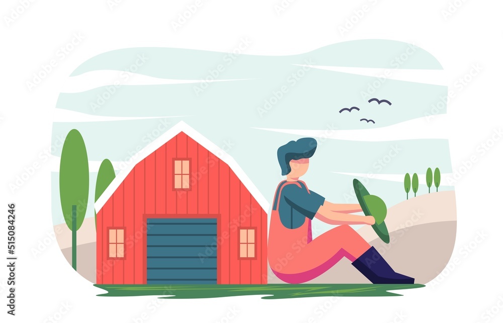 Flat design illustration of red shirt farmer and garden rural plant Flat design illustration of red shirt farmer and garden rural plant
