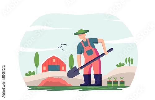 Flat design illustration of red shirt farmer and garden rural plant