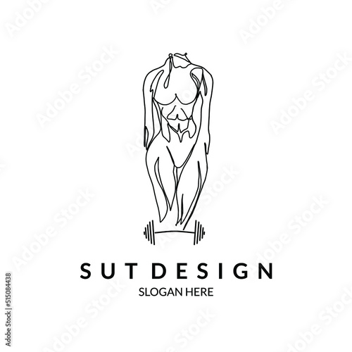 abstract line art body with muscles in body and barbell for gym logo photo