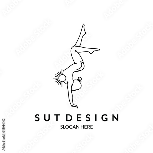 line art yoga woman standing with bohemian minimalist hands with sun on chest