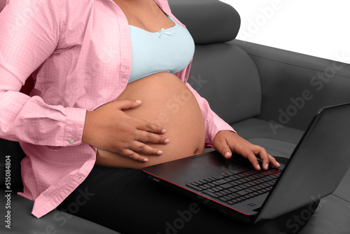 pregnant woman working on laptop sitting on couch in living room