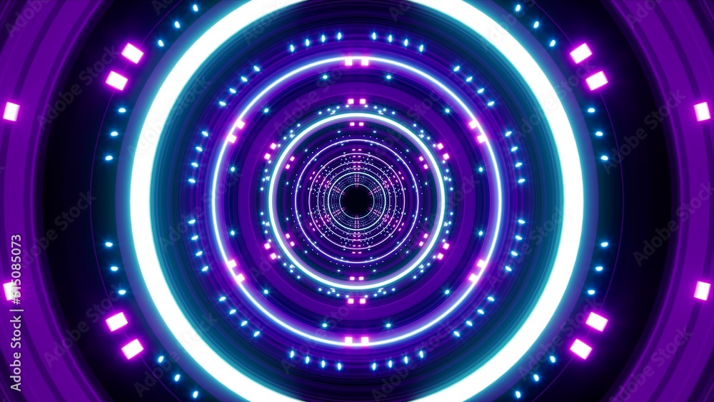 Neon tunnel visual art with glittering dot lights