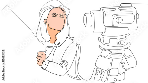 Close up of young Caucasian worker with helmet on head using tablet for work while standing in warehouse. Surveyor with a tripod icon. Geodesic tripod. Vector illustration