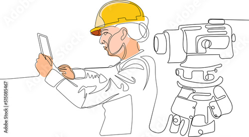 Close up of young Caucasian worker with helmet on head using tablet for work while standing in warehouse. Surveyor with a tripod icon. Geodesic tripod. Vector illustration