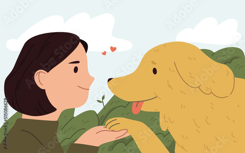 Girl with her dog in the park.  Happy pet owner with dog. Hand drawn vector flat cartoon style illustration.