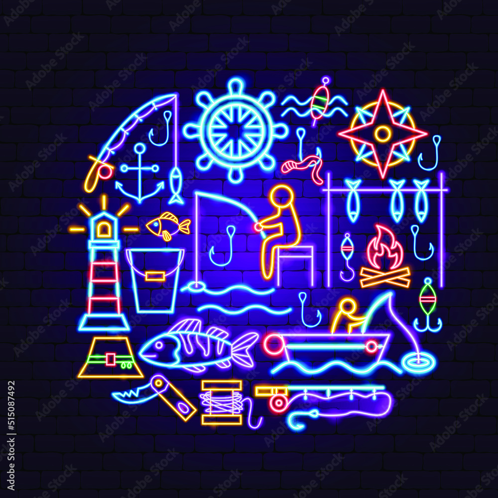 Fishing Hobby Neon Concept. Vector Illustration of Fish Promotion.