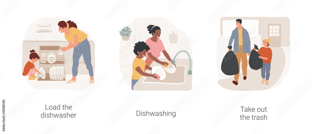 Kitchen chores isolated cartoon vector illustration set. Load the dishwasher, mother and child washing dishes together, kid helping father to take out the trash, daily routine vector cartoon.