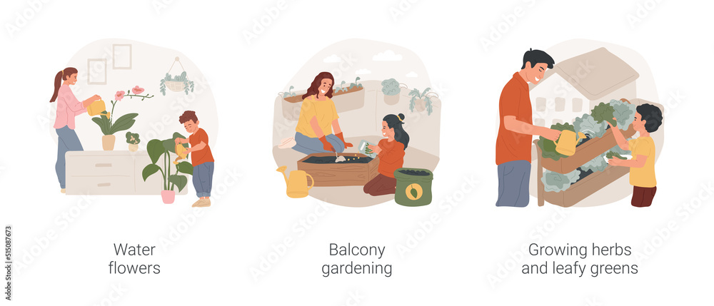Home gardening isolated cartoon vector illustration set. Mother and child water flowers at home, balcony gardening, urban garden, planting seeds, growing herbs and leafy greens vector cartoon.