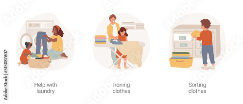 Household chores isolated cartoon vector illustration set. Child help mom with laundry, loading washing machine, ironing together, kid engaged in housework, sorting clothes vector cartoon.
