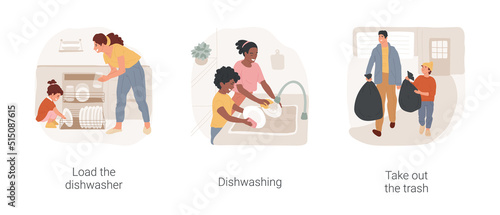 Kitchen chores isolated cartoon vector illustration set. Load the dishwasher, mother and child washing dishes together, kid helping father to take out the trash, daily routine vector cartoon.