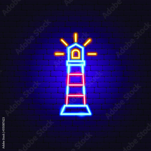 Lighthouse Neon Sign. Vector Illustration of Sea Promotion.