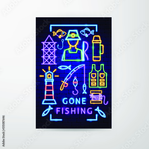 Out Fishing Neon Flyer. Vector Illustration of Fish Promotion.