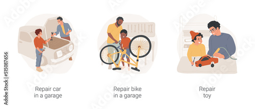 Doing repairs with children isolated cartoon vector illustration set. Repair car in home garage, father and child work together, fixing bike, using tools, holding a screwdriver vector cartoon.