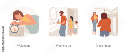 Family morning routine isolated cartoon vector illustration set. Waking up in the morning, family daily routine, washing up in bathroom together, dressing up, get ready for the day vector cartoon.