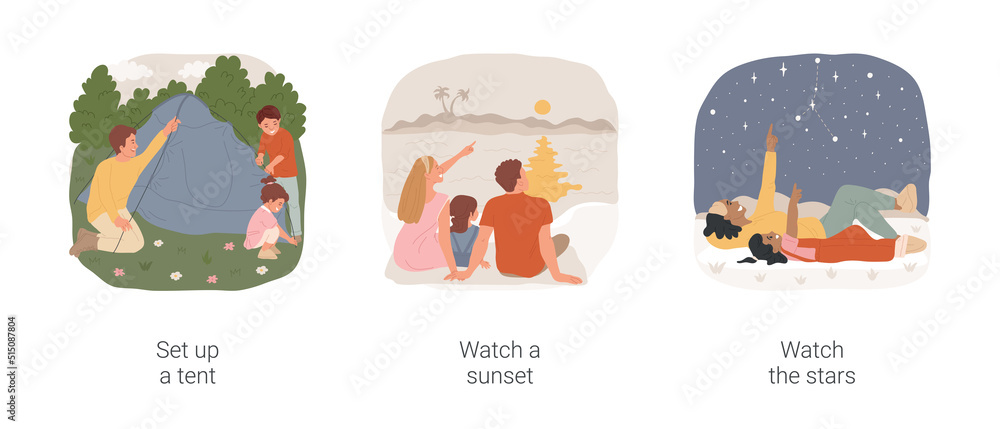 Summer camping isolated cartoon vector illustration set. Father and kid set up a tent, happy family sitting together at sunset, enjoy nature, watch the stars, summer vacation vector cartoon.