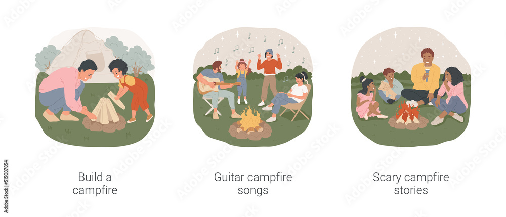 Campfire activities isolated cartoon vector illustration set. Father and son build campfire, summer holiday camping activity, guitar bonfire songs, tell scary stories in the dark vector cartoon.