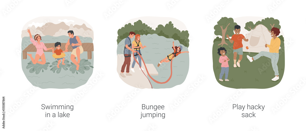 Fototapeta premium Active camping isolated cartoon vector illustration set. Swimming in a lake, family jumping in the water, bungee jumping, play hacky sack, camping sport activity vector cartoon.