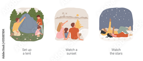 Summer camping isolated cartoon vector illustration set. Father and kid set up a tent, happy family sitting together at sunset, enjoy nature, watch the stars, summer vacation vector cartoon.