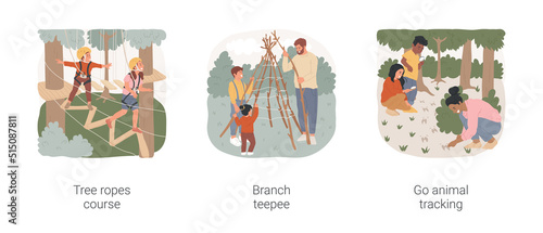 Active holiday isolated cartoon vector illustration set. Tree ropes course, forest adventure park, family building branch teepee, campsite activity, go animal tracking with kids vector cartoon.