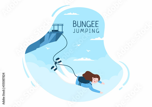 Bungee Jumping of People Tied with Elastic Rope Falling Down After Jump From a Height in Flat Cartoon Extreme Sport Vector Illustration