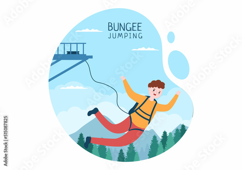 Bungee Jumping of People Tied with Elastic Rope Falling Down After Jump From a Height in Flat Cartoon Extreme Sport Vector Illustration