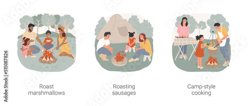 Campsite cooking isolated cartoon vector illustration set. Family sit aroun open fire, roast marshmallows on skewer, grill sausages, campfire cooking, camp-style kitchen vector cartoon.