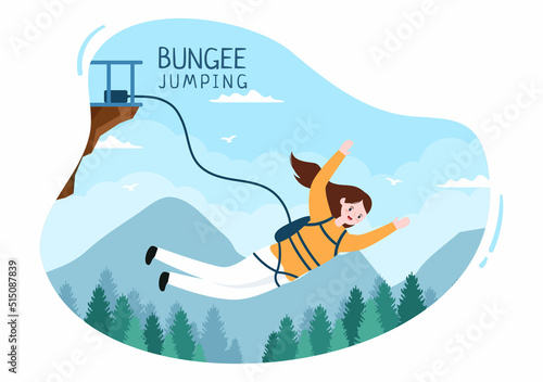 Bungee Jumping of People Tied with Elastic Rope Falling Down After Jump From a Height in Flat Cartoon Extreme Sport Vector Illustration