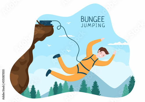 Bungee Jumping of People Tied with Elastic Rope Falling Down After Jump From a Height in Flat Cartoon Extreme Sport Vector Illustration