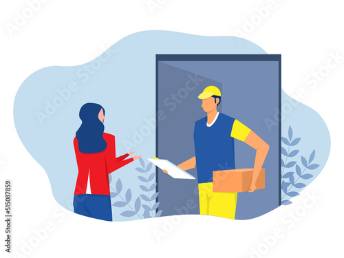 Man delivery goods to customer's house ,Fast online service delivery.Business logistic or transport postal packages vector illustrator