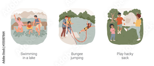 Active camping isolated cartoon vector illustration set. Swimming in a lake, family jumping in the water, bungee jumping, play hacky sack, camping sport activity vector cartoon.