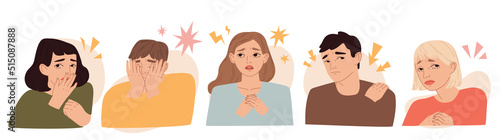 Set of crying and sad characters.   Collection of regret or embarrassed people. Sadness, sorrow, mental disorder or llness concept. Vector flat cartoon style illustration.