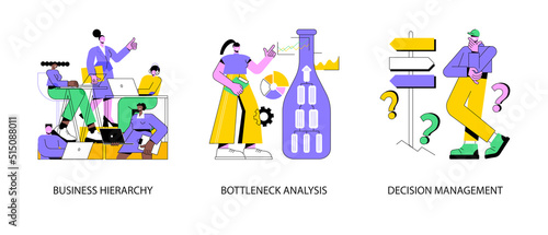 Management system abstract concept vector illustration set. Business hierarchy, bottleneck analysis, decision management, workflow improvement, enterprise analysis software, IT tool abstract metaphor.