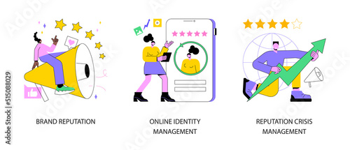 Business public relations abstract concept vector illustration set. Brand reputation, online identity management, reputation crisis management, product presence, social network abstract metaphor.