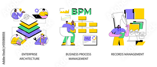Corporate software abstract concept vector illustration set. Enterprise architecture, business process and records management, IT system solution, document and file tracking abstract metaphor.
