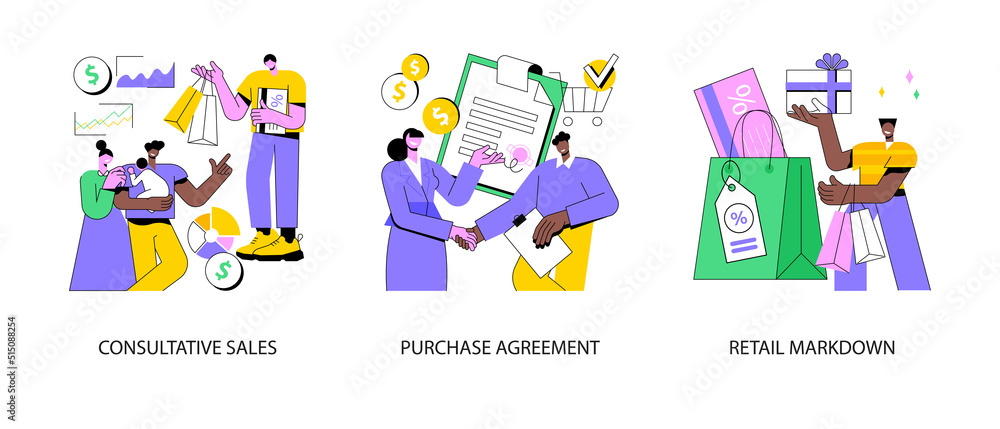 Fototapeta premium Marketing and promotion abstract concept vector illustration set. Consultative sales, purchase agreement, retail markdown, terms and conditions, product price, b2b selling, discount abstract metaphor.