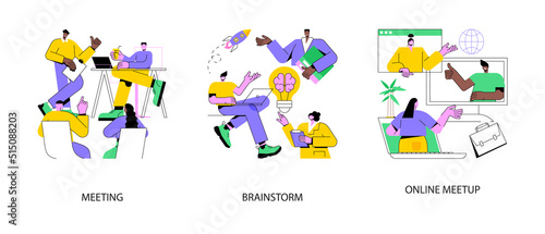 Team communication abstract concept vector illustration set. Meeting and brainstorm, online meetup, corporate presentation, creative ideas and solutions, teamwork, conference call abstract metaphor.