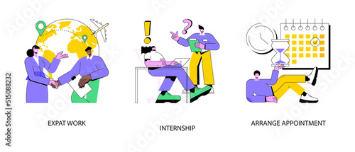 International employment abstract concept vector illustration set. Expat work, internship, arrange appointment, apply for job, professional growth, working place, student training abstract metaphor.
